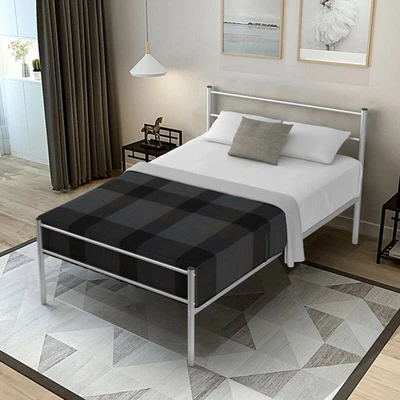 Twin Size Metal Bed Frame Platform Mattress Foundation W/ Headboard Silver - Изображение 1 из 4