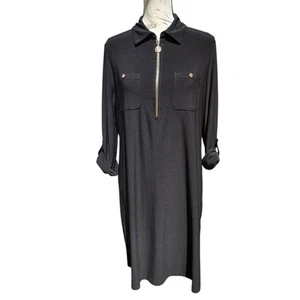 Anne Klein Midi Dress Gold Zip Front Pockets Long Sleeve Black Size 8 - Picture 1 of 11