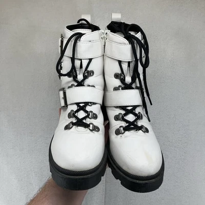 Woman’s Combat Boot Black Heel Size 7.5 White "Leather" Chains Buckles Punk - Image 1 of 4