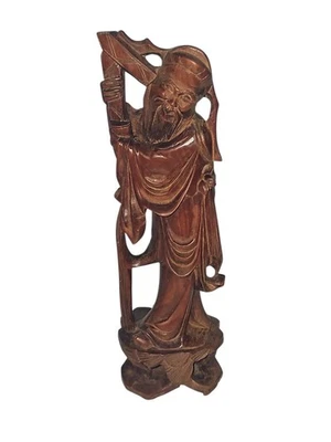 Statuetta Saggio Legno Antico Orientale Cinese Intaglio Artigianale H 20.5 cm - Immagine 1 di 4