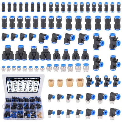 XaXmTee 90 Pcs Quick Connect Air Line Fittings Kit Pneumatic Push Lock Air Fi...