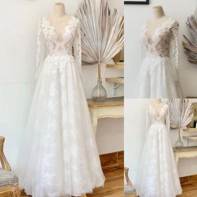 Lace Wedding Dresses Long Sleeves A Line Ivory Beach Boho Ball Gowns - Image 1 of 4
