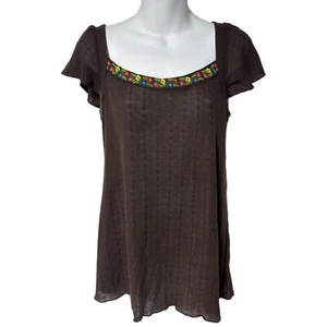 T-shirt babydoll Deletta Anthropologie marrone ricamata fiori svolazzanti S Boho - Foto 1 di 6