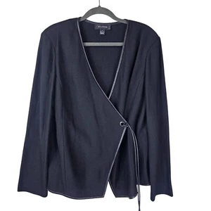 St. John Santana Knit Black Wrap Jacket 16 Leather Trim Textured Quiet Luxury - Picture 1 of 13