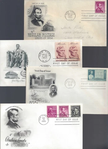 4 Abraham Lincoln FDC's w/ Artmaster (w/ insert) & Art Craft cachets cachets Cover