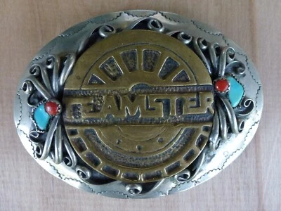 Fivela de cinto vintage Teamsters turquesa e coral bronze e níquel prata - Imagem 1 de 4