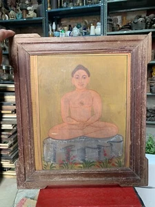 18th C Old Antique Handmade Jain God Lord Mahavir Painting Wooden Framed - Picture 1 of 6