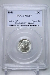 1951 Roosevelt Dime 10c PCGS MS67 Blast White #8607 - Picture 1 of 2