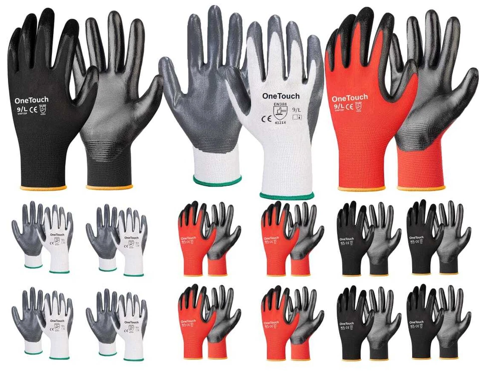 ONETOUCH 24 Pairs PREMIUM NITRILE COATED Red Nylon Work Gloves Builders Gardening Grip