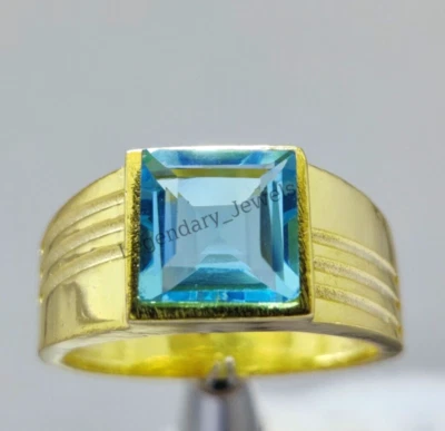 Natural London Blue Topaz With 14K Gold Plated 925 Sterling Silver Men's Ring