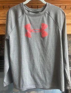 Under Armour Heatgear Gray Boys YXL T Shirt Loose Fit Long Sleeves Red Logo - Picture 1 of 7