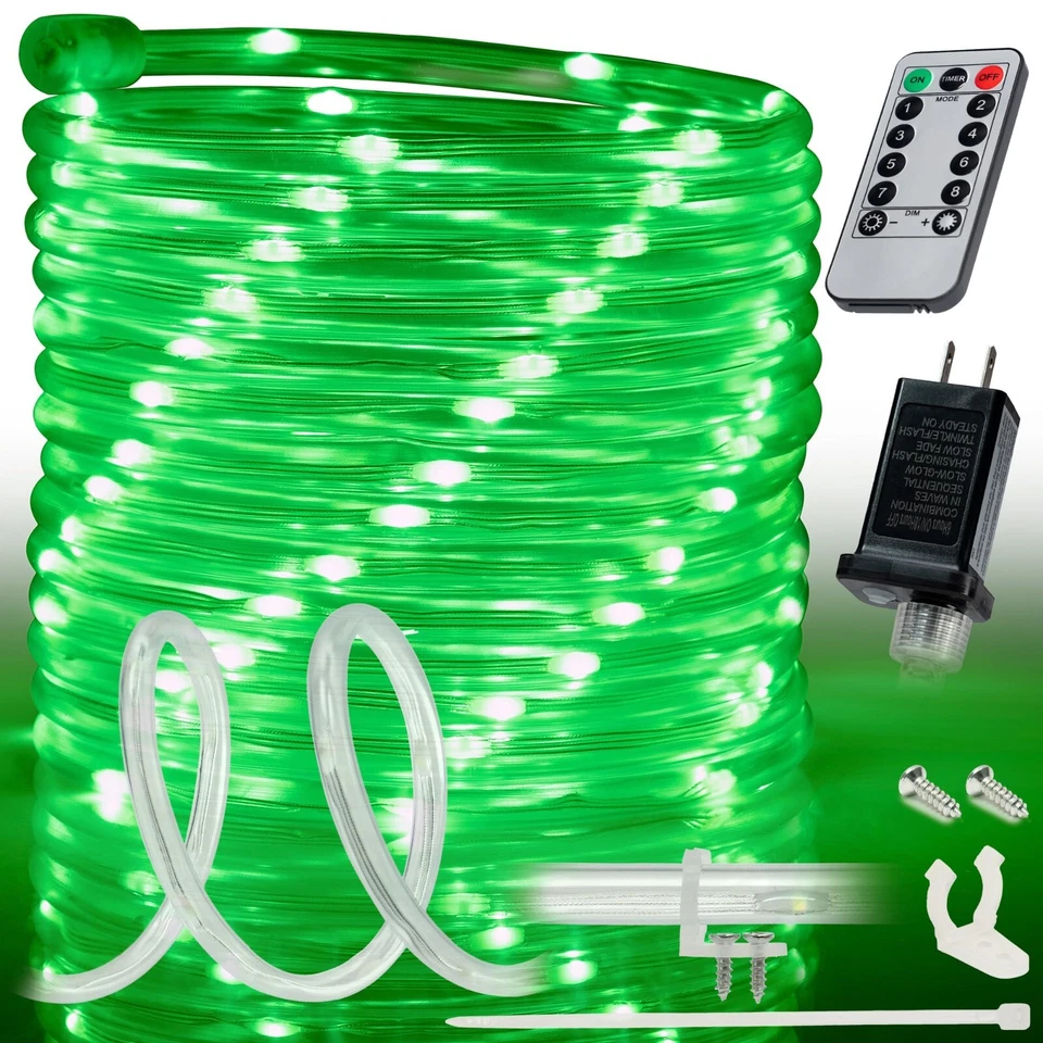 WYZworks 100ft Green LED Outside Rope Light - 8 Modes Waterproof Permanent O...