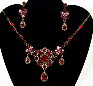 Stunning Red Rhinestone Crystal Necklace and Earring Set Victorian Costume Gown - Picture 1 of 8