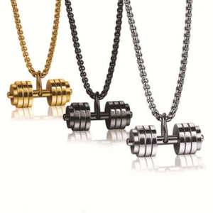 Men's Stainless Steel Barbell Gym Weight Lifting Dumbbell Necklace Pendant Chain - Picture 1 of 30