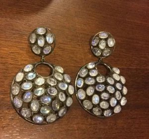 Designer Big Statement Rainbow Moonstone Cabochon Earrings Disco New Post Silver - Picture 1 of 4