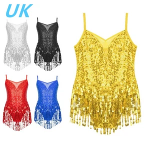 AU Girls Shiny Sequins Tassel Dance Dress Sleeveless Jazz Latin Dance Leotard - Picture 1 of 72