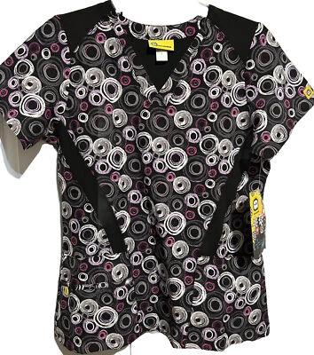 NWT Women's Size S WonderWink Four Stretch Prints Scrub Top - Black, Grey, Pink - Image 1 of 4