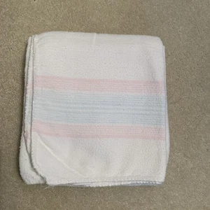 Vintage Baby Blanket Cotton Flannel 28” X 34” Receiving White W Pink Blue Trim - Picture 1 of 7