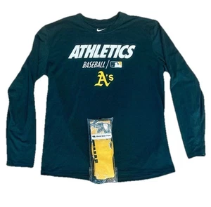 Athletics Baseball Nike Long Sleeve Shirt Mens Large Green + NEW Athletics Socks - Picture 1 of 6