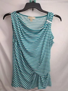 Michael Michael Kors Shirt Womens Large Teal White Stripe Draped Sleeveless Knot - Picture 1 of 6