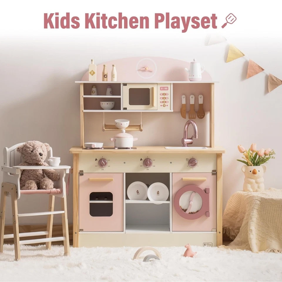 Robud Pink Wooden Play Kitchen Set Toddlers with Accessories Gift for Girls Boys - Image 1 of 4