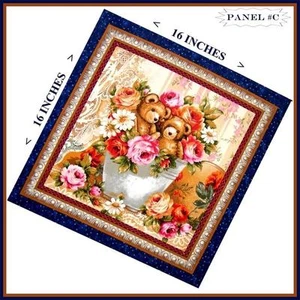 (2 PANELS) FABRI-QUILT "BUDDY BEARS" FLORAL FABRIC PANELS 16" X 16" EA. #CD - Picture 1 of 3