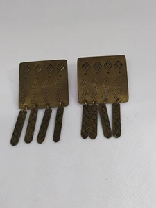 Vintage Brass Embossed Modernist Modern Tassel Square Earrings - Picture 1 of 14