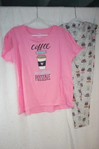 Womens S/S Knit Pajama Set COFFEE MAKES EVERYTHING POSSIBLE Pink Gray XL 16-18 - Picture 1 of 1