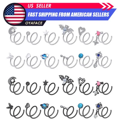 1PC Double Hoop Nose Ring for Single Piercing Surgical Steel Spiral Earrings 20G - Image 1 of 4