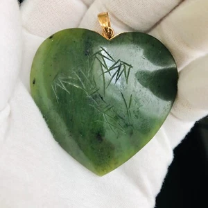 Jade Herz Anhänger GROSS 2 in geätzten Bambus Designs Nephrit Gold passend ohne Kette - Bild 1 von 16