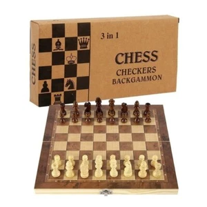 Wooden Chess Backgammon Checkers Travel 3 in 1 Games Chess Set Board Draughts - Picture 1 of 12