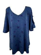 Absolutely Famous Womens 3X Blue Striped Star Print Stretch Top w Cold Shoulder