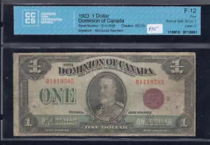 1923 Dominion of Canada $1 - DC-25i. CCCS F-12 - Bronze Seal. S/N: B-1419585/C. - Picture 1 of 2