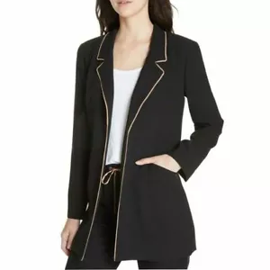 NWT Eileen Fisher Silk Georgette Crepe Long Piped Trim Jacket Blazer Black PP/PT - Picture 1 of 10