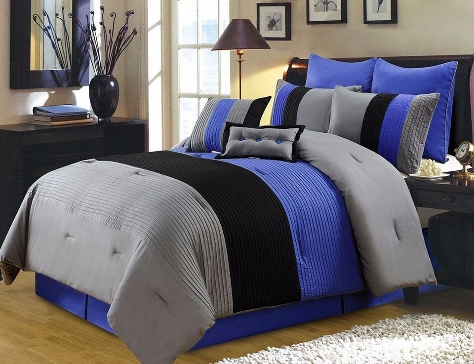 8-Piece Striped Bedding Set Gray Blue Black Pleated Stripe Comforter Set - Image 1 of 1