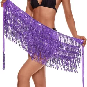 Women's OS Sequin Purple Belly Dance Skirt Wrap Tassel Hip Shoulder Scarf Fringe - Picture 1 of 6