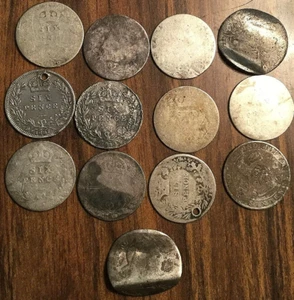LOT OF 13 UK GB GREAT BRITAIN SILVER SIXPENCE COINS - Picture 1 of 2