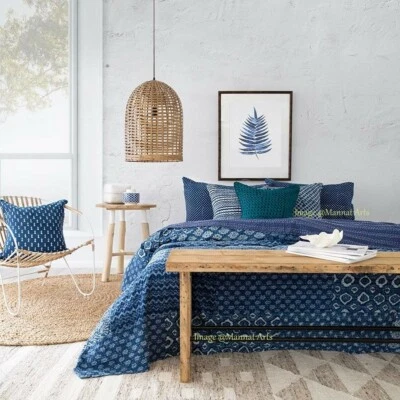 Colcha de cama Kantha feita à mão indiana colcha queen algodão cobertor índigo - Imagem 1 de 4
