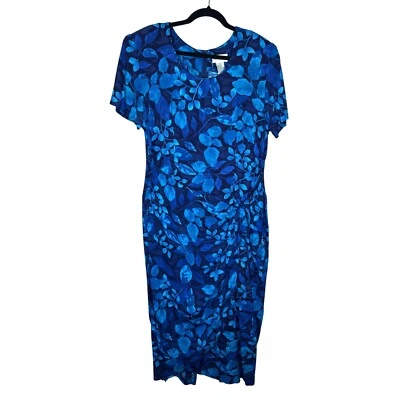 Jaclyn Smith VTG wrap front Midi Dress Blue Leaf Print Casual Career Size 16 - Image 1 of 4