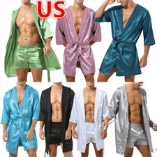 US Men's Satin Robe Bathrobe with Belt Kimono Sleepwear Pyjama Hooded Nightgown
