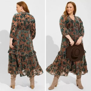 Torrid 4 Boho Dress 4X 3X Plus Velvet Devore 3/4 Puff Spruce Cocoa Slip Lined - Picture 1 of 13