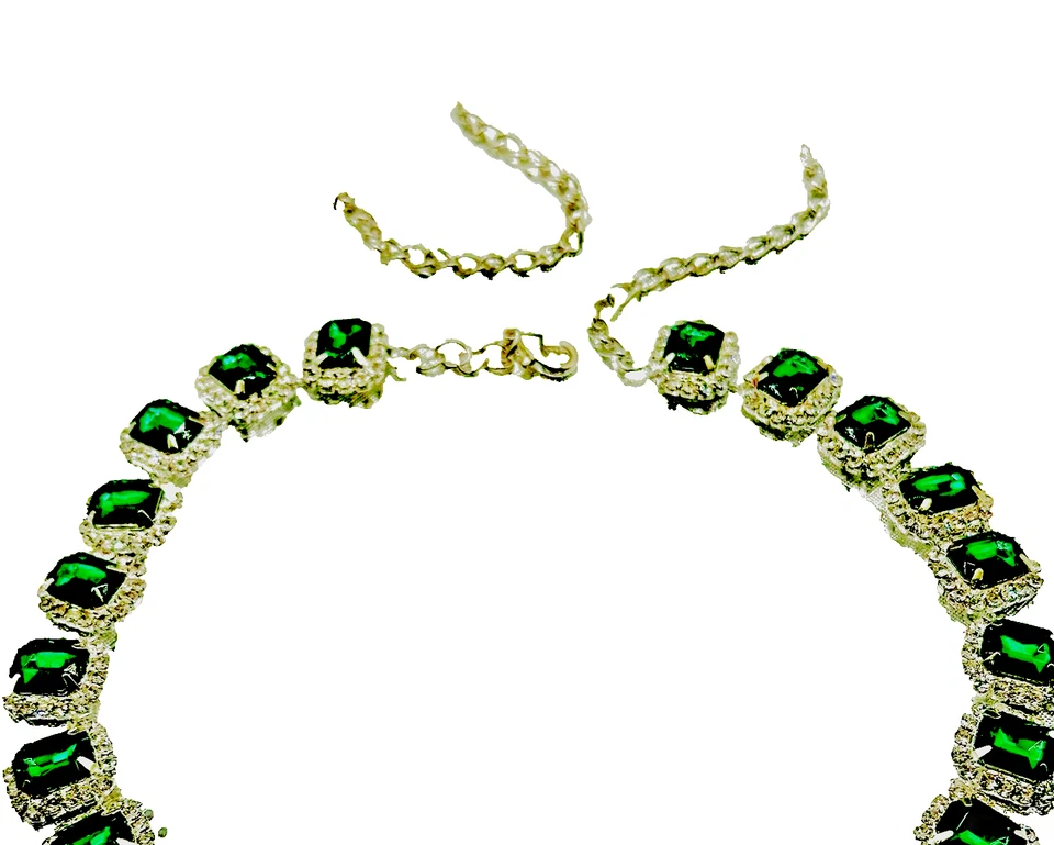 Emerald Faux With Rhinestones Silver Tone Necklace# I-25 - Image 1 of 4