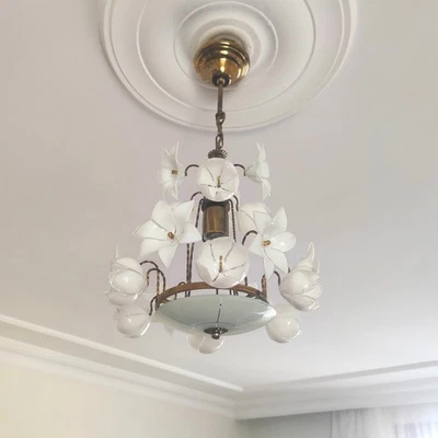 Vintage White Murano Milk Glass Calla Lily Chandelier - Image 1 of 4