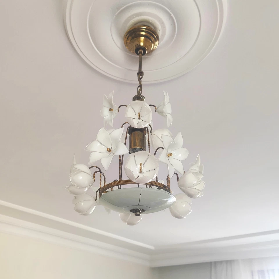 Vintage White Murano Milk Glass Calla Lily Chandelier - Image 1 of 4