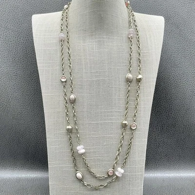 Chico's Long Layered Necklace Womens Gold Tone Pink Stone Beads Multi Strand - Image 1 of 4