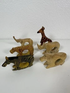 Set Of 6 Hand Carved Wooden Napkin Rings Safari Theme Animals Wildlife Nature - Picture 1 of 13