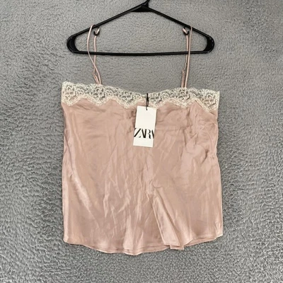 Camiseta sin mangas Zara Y2K para mujer grande rosa con ribete de encaje satinado coqueta sedosa romántica Foto 1 de 4