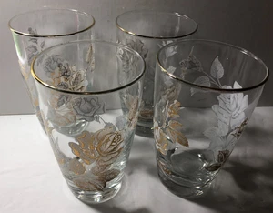Juego de 4 vasos planos Libbey ROSE BOUQUET discos 1963 rosas grabadas en oro - Imagen 1 de 2