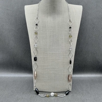 Collar Largo Lia Sophia Tono Plata Negro Marrón Vidrio Cuentas Estación Cadena 30" Foto 1 de 4