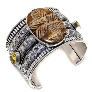Ojo de tigre, citrino piedras preciosas 925 brazalete de plata esterlina ajus... - Imagen 1 de 1
